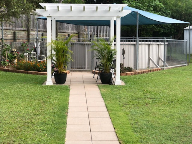 2.2 x 4.5 m Pergola Kit Fully Painted in Lexicon White - Photos sent after installation with decorative post boxes added